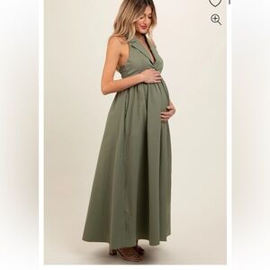 Maternity maxi dress Light Olive Collared Halter Back Tie Maternity Maxi Dress